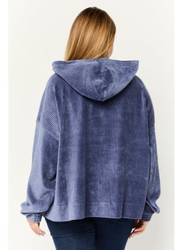 Aerie Women Textured Long Sleeves Hooded Sweater, Slate Blue  - Image 4