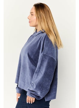 Aerie Women Textured Long Sleeves Hooded Sweater, Slate Blue  - Image 3