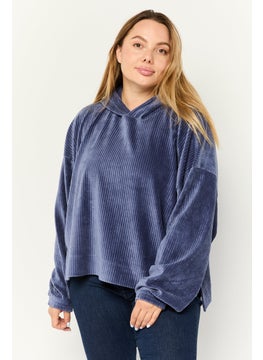 Aerie Women Textured Long Sleeves Hooded Sweater, Slate Blue  - Image 1