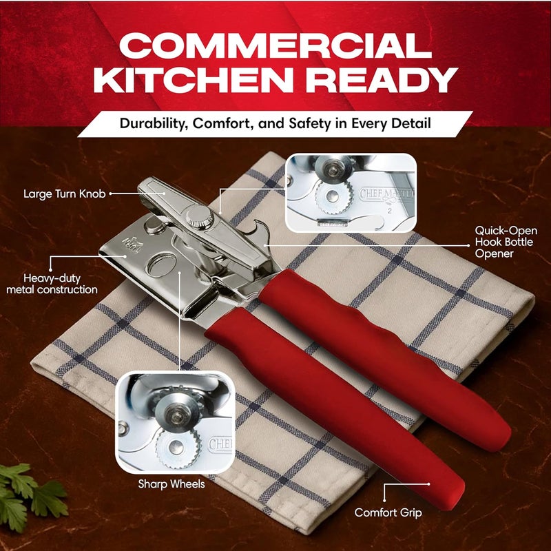 Chefmaster Chef-Master Commercial Can Opener, Multi-Purpose Can-Opener Manual, Easy Turn Anti-slip Grip Knobs, Sharp Cutting Discs, Manual Handheld With Soft Handle for Large Cans & Kitchen Use -90226 - Image 2
