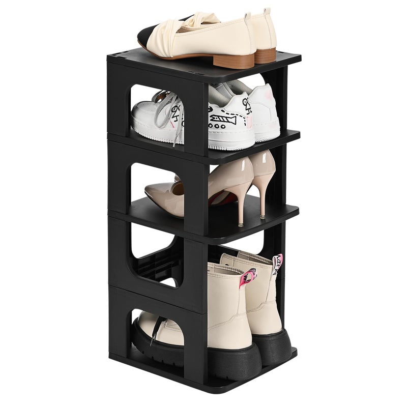 TRZZ 4Tier Small Shoe Rack Vertical Narrow Stackable Organizer with Removable Partition Efficient Shoe Storage for Closet Entryway and Small Spaces Black
