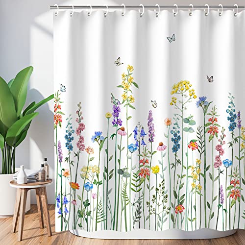 LIVILAN Floral Shower Curtain for Bathroom - Colorful Butterfly Flowered Plant Wildflower Shower Curtain with Hooks, Machine Washable, 72''Wx72''H Spring - Image 1