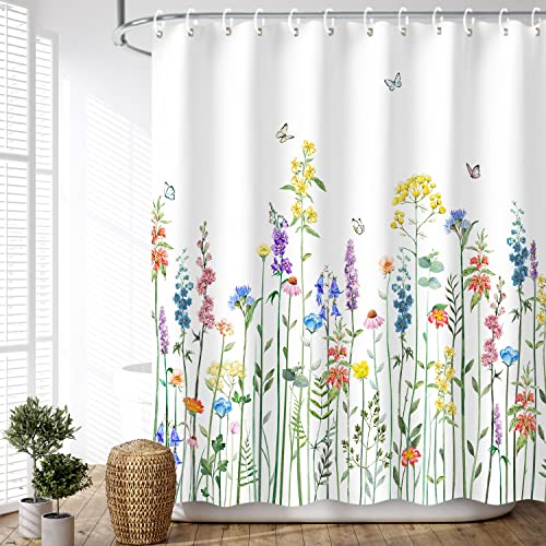 LIVILAN Floral Shower Curtain for Bathroom - Colorful Butterfly Flowered Plant Wildflower Shower Curtain with Hooks, Machine Washable, 72''Wx72''H Spring - Image 2