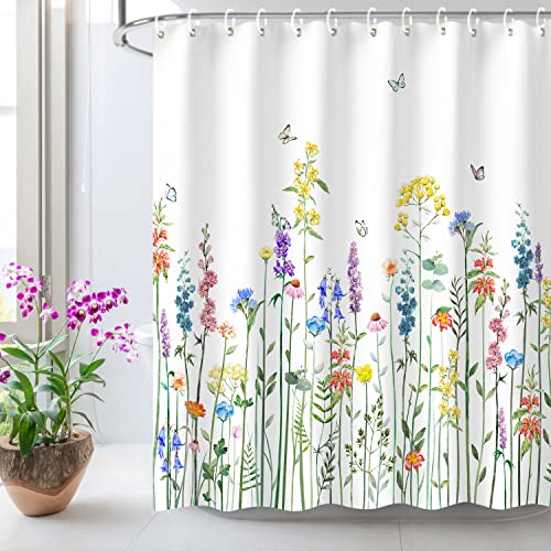 LIVILAN Floral Shower Curtain for Bathroom - Colorful Butterfly Flowered Plant Wildflower Shower Curtain with Hooks, Machine Washable, 72''Wx72''H Spring - Image 3