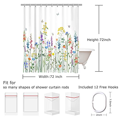LIVILAN Floral Shower Curtain for Bathroom - Colorful Butterfly Flowered Plant Wildflower Shower Curtain with Hooks, Machine Washable, 72''Wx72''H Spring - Image 4