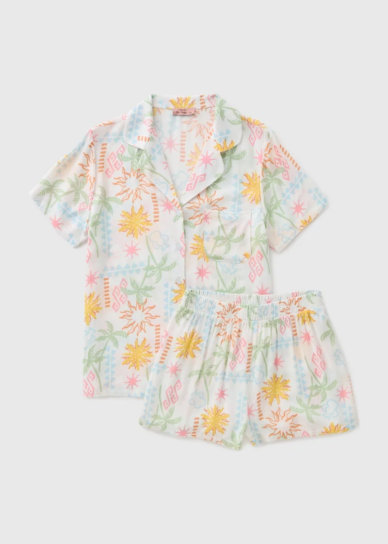 Matalan White Crinkle Sun & Palm Tree Shorts Pyjama Set