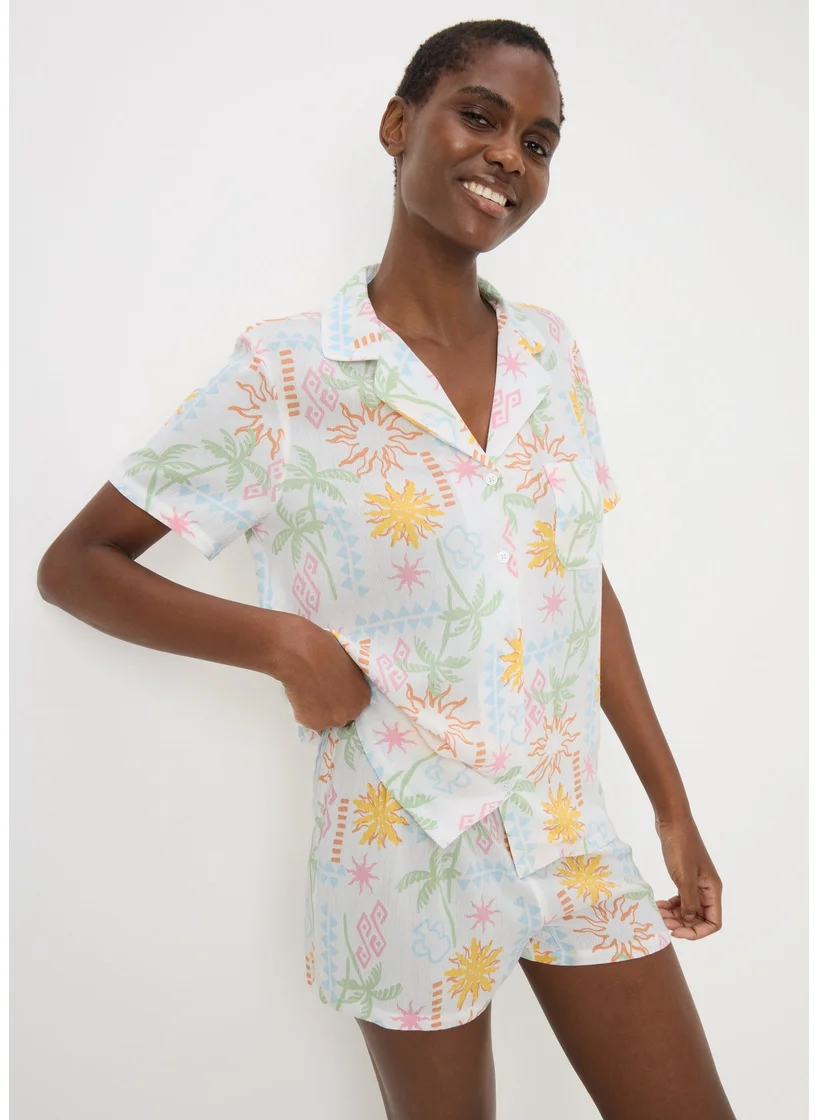 Matalan White Crinkle Sun & Palm Tree Shorts Pyjama Set