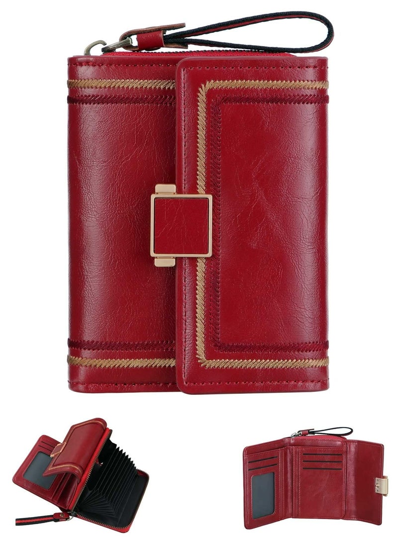 CMGTYYD Purses for Women RFID Blocking Leather Short Purse Accordion Wallets with 17 Credit Card Holder Bifold Ladies Small Purse, Red  - Image 1