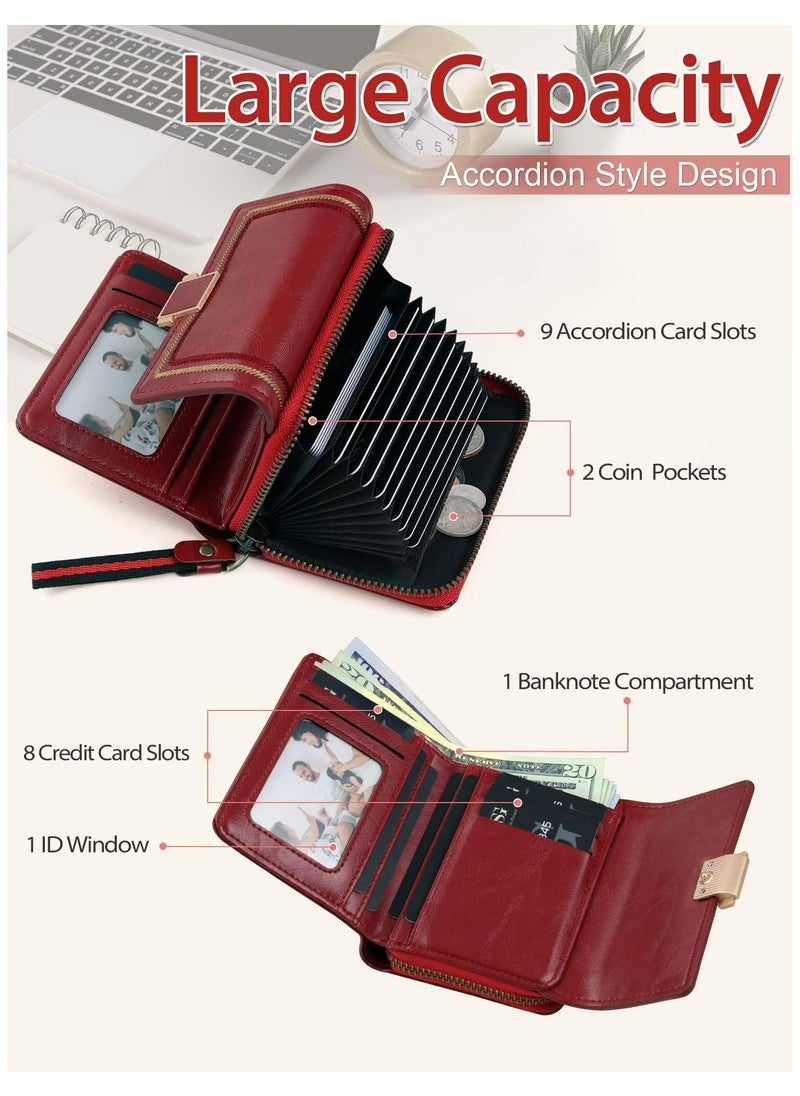 CMGTYYD Purses for Women RFID Blocking Leather Short Purse Accordion Wallets with 17 Credit Card Holder Bifold Ladies Small Purse, Red  - Image 2