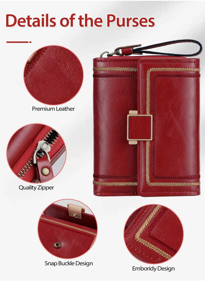 CMGTYYD Purses for Women RFID Blocking Leather Short Purse Accordion Wallets with 17 Credit Card Holder Bifold Ladies Small Purse, Red  - Image 3