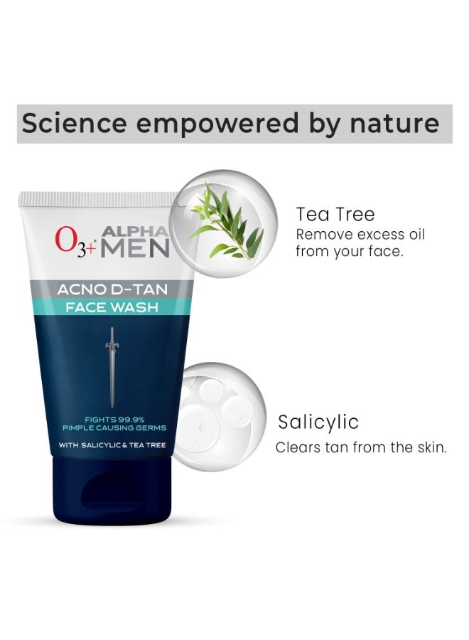 O3+ Alpha Men Acno D-Tan face wash With Tea Tree 100 gram + O3+ Alpha Men Acno D Tan Scrub With Hyaluronic & Mint 50gm - Image 3