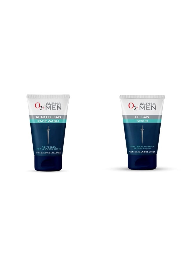 O3+ Alpha Men Acno D-Tan face wash With Tea Tree 100 gram + O3+ Alpha Men Acno D Tan Scrub With Hyaluronic & Mint 50gm - Image 1