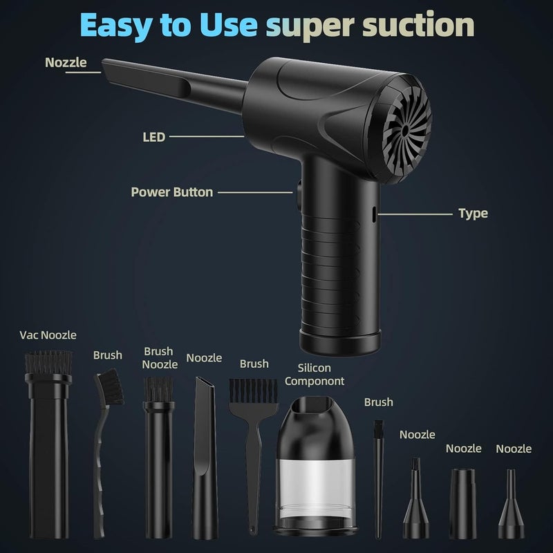 Compressed Air Duster, 3-Gear Adjustable 100,000RPM Air Duster, Handheld 2 in 1 Air Duster  Vacuum Cleaner, Portable Mini Air Duster Kit with LED Light for Car, PC, Keyboard, Carpet - Image 5
