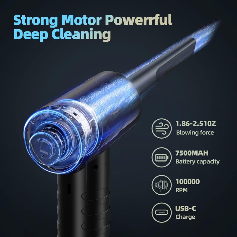 Compressed Air Duster, 3-Gear Adjustable 100,000RPM Air Duster, Handheld 2 in 1 Air Duster  Vacuum Cleaner, Portable Mini Air Duster Kit with LED Light for Car, PC, Keyboard, Carpet - Image 4