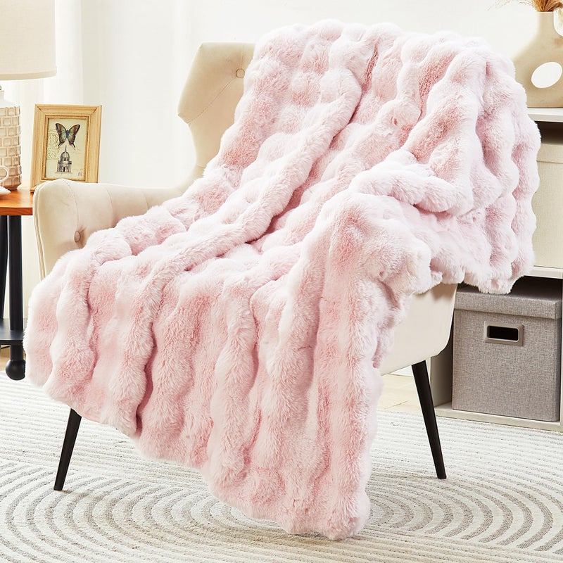 DREAMNINE Decorative Soft Thick Fuzzy Bubble Faux Rabbit Fur Throw Blanket for Couch Sofa Reversible Plush Warm Fluffy Blankets for Winter Luxury Cute Cozy Furry Fur Blanket for Bed 50 x 60 Pink