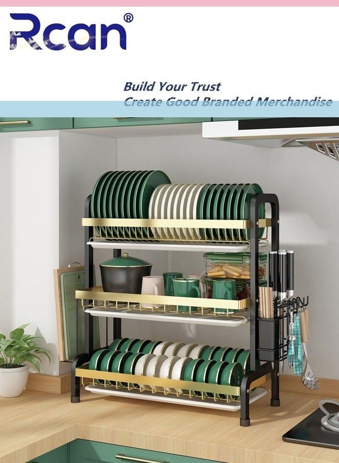 Rcan Dish Drying Rack 3 Tier Dish Rack Kitchen Multi-functional Stainless steel Removable Cutlery Drain Rack with Cutlery Holder Cup Cutting Board Rack Chopsticks Spoon Box for Cabinets and Countertops  - Image 1