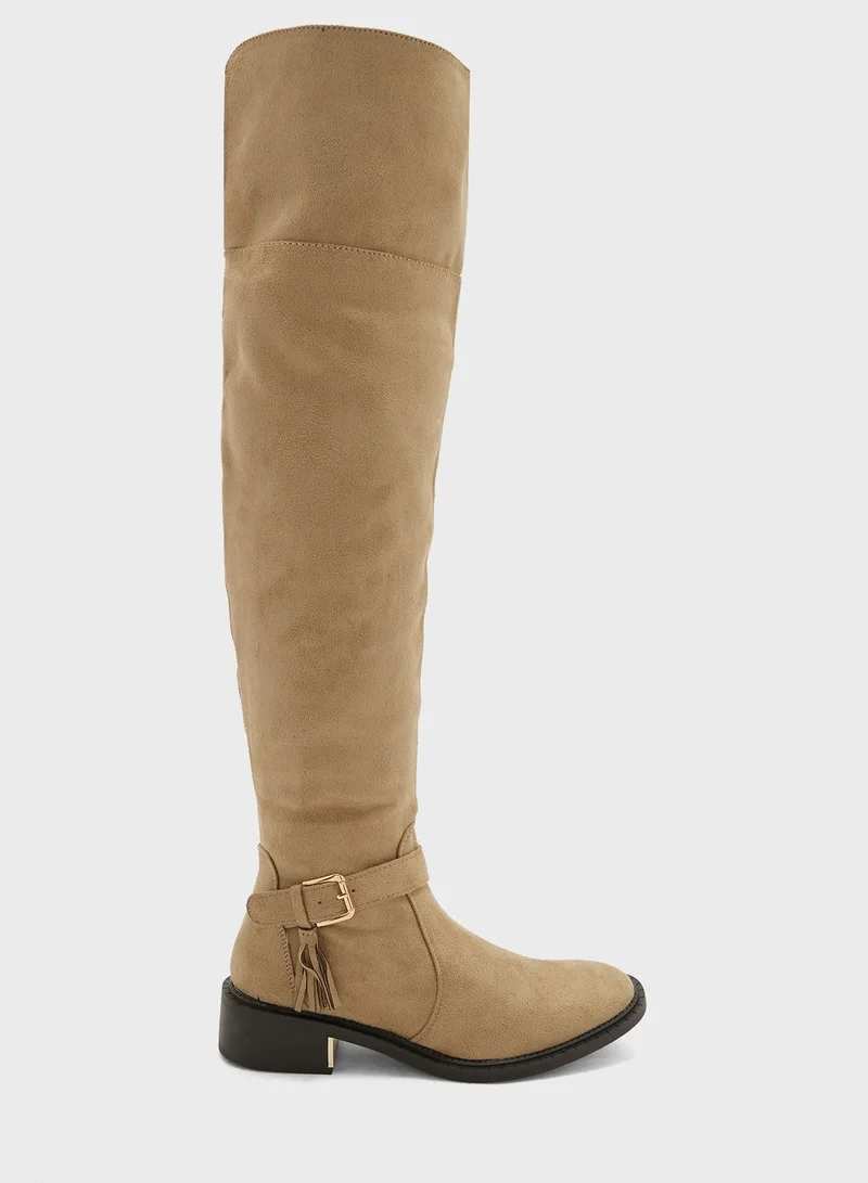 Truffle Beige Faux Suede Buckle Down Collar Long Boots