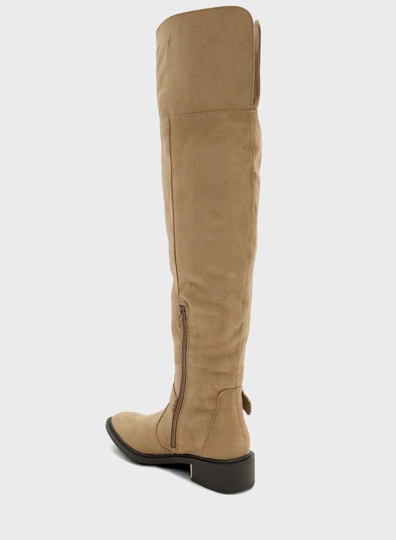 Truffle Beige Faux Suede Buckle Down Collar Long Boots