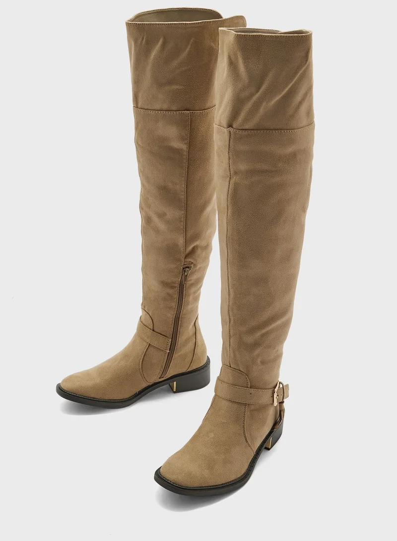 Truffle Beige Faux Suede Buckle Down Collar Long Boots