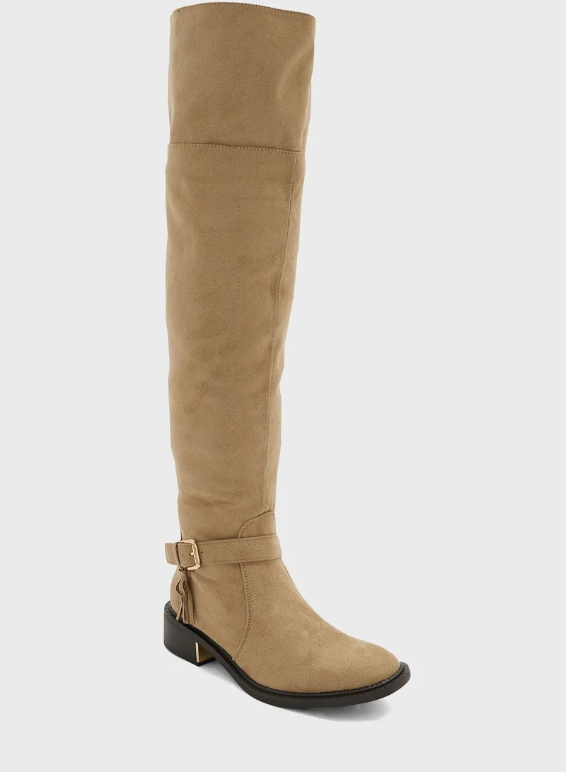 Truffle Beige Faux Suede Buckle Down Collar Long Boots