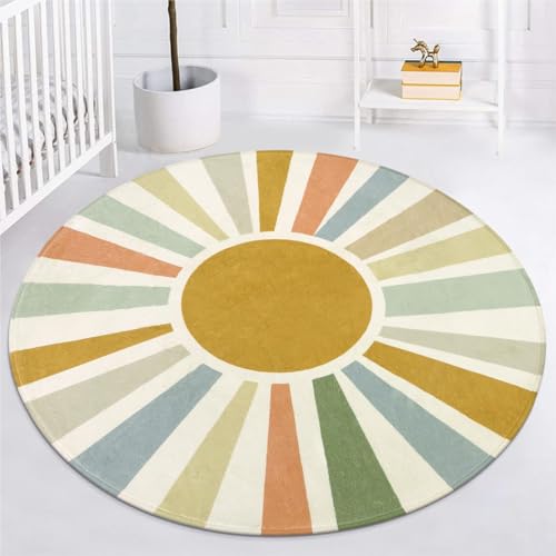 STARUIA Boho Washable Rug 5 Ft Round Area Rug for Bedroom Rainbow Circle Kids Rug for Office NonSlip Circluar Carpet Soft Sunshine for Dorm Nursery Sofa Living Room Corner - Image 1