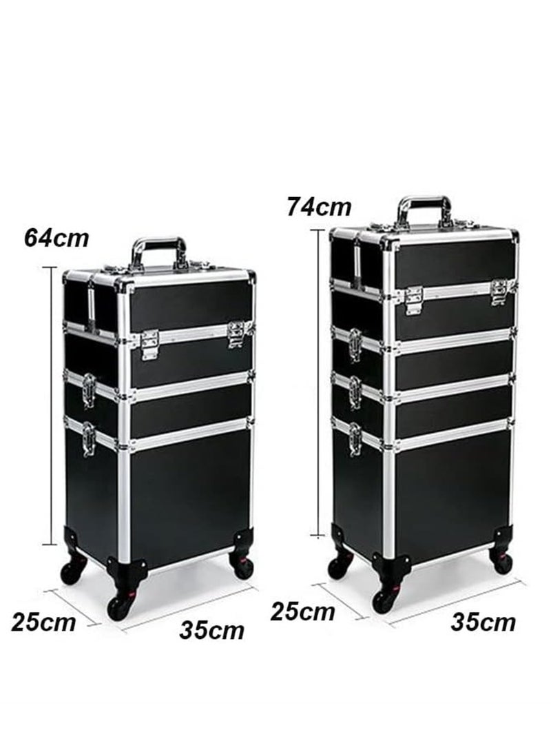 Makeup Trolley Case, Large 4-in-1 Makeup Jewelry Box Travel Suitcase Cart with 4 360° Wheels, 4 Layer Professional Aluminum Cosmetics Organizer with Drawers for Travel Makeup Beauty Nail Art (4 Layer Black) - Image 2