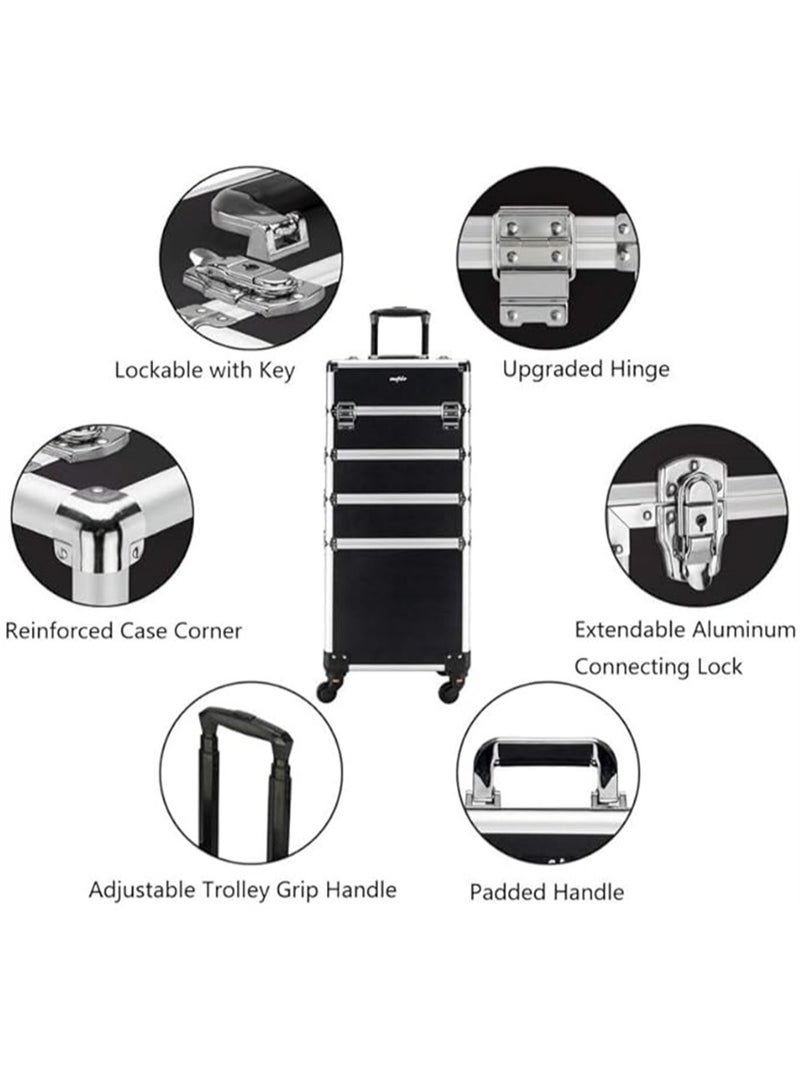 Makeup Trolley Case, Large 4-in-1 Makeup Jewelry Box Travel Suitcase Cart with 4 360° Wheels, 4 Layer Professional Aluminum Cosmetics Organizer with Drawers for Travel Makeup Beauty Nail Art (4 Layer Black) - Image 3