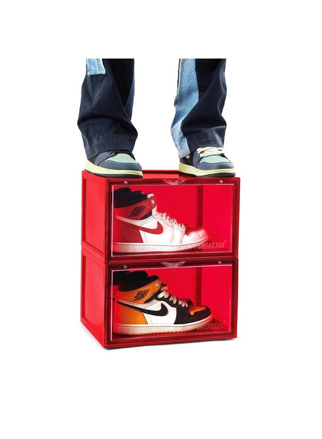 SNEAKARE Plastic Shoe Storage Organizer, Set Of 2 Red Heavy-Duty Sneaker Box, Stackable Storage Box With Magnetic Closure, Easy Installation Foldable Multipurpose Storage Box, Fits Size Uk14 - Image 1