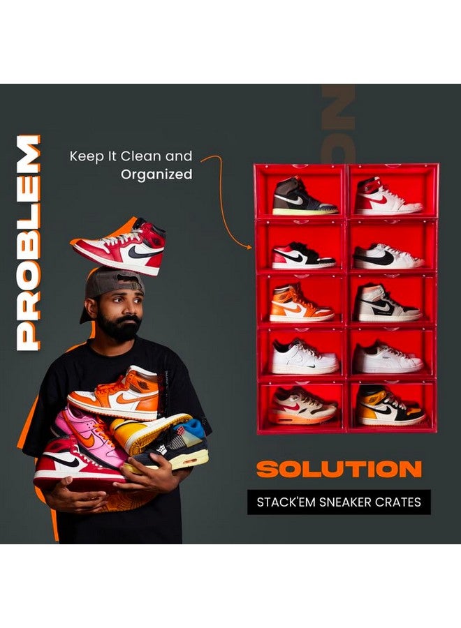 SNEAKARE Plastic Shoe Storage Organizer, Set Of 2 Red Heavy-Duty Sneaker Box, Stackable Storage Box With Magnetic Closure, Easy Installation Foldable Multipurpose Storage Box, Fits Size Uk14 - Image 3