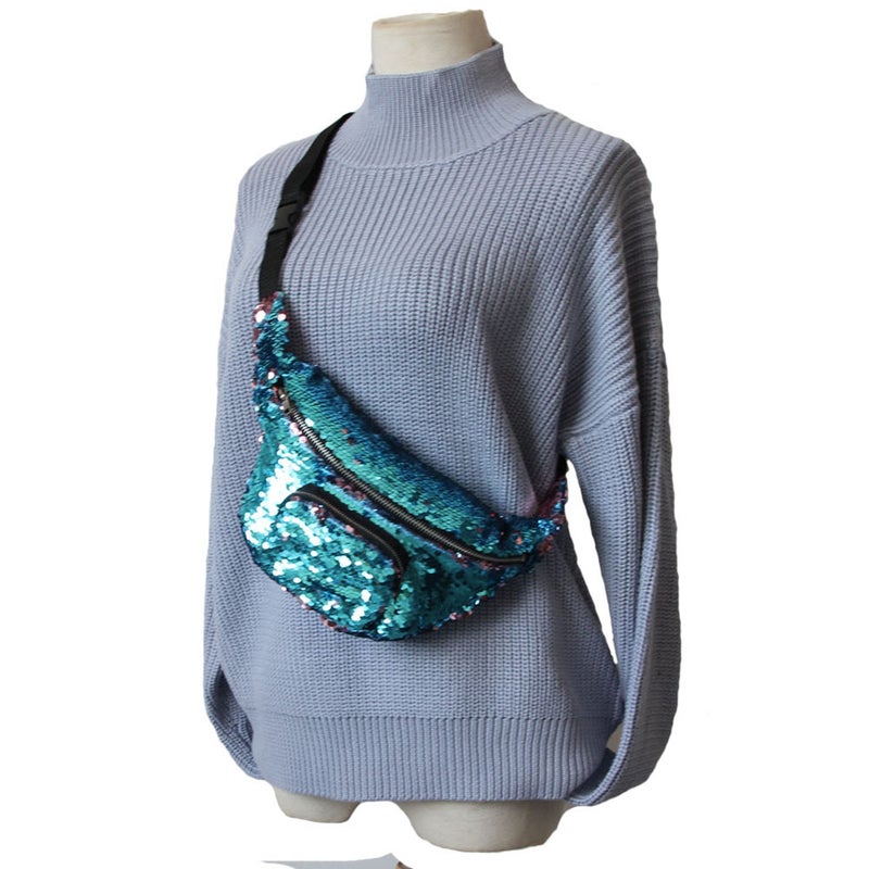 2pcs Sequins Waist Bag Multifunctional Cosmetic Makeup Fanny Pack Casual Waist Pouch (Lake & ) - Image 4