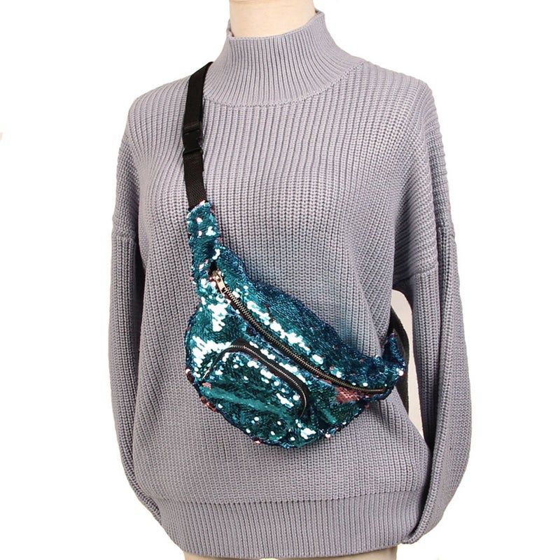 2pcs Sequins Waist Bag Multifunctional Cosmetic Makeup Fanny Pack Casual Waist Pouch (Lake & ) - Image 5