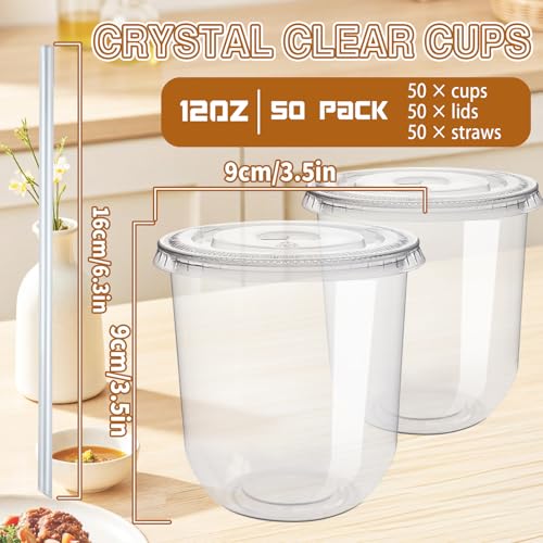 Alaeseje 50 Pack Clear Plastic Cups with Lids and Straws,12 oz Disposable Iced Coffee Cups,PET Crystal Cups,Round Bottom To Go Cup for Iced Coffee Juice Smoothie Cold Beverage - Image 2