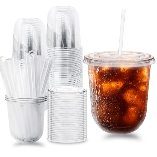 Alaeseje 50 Pack Clear Plastic Cups with Lids and Straws,12 oz Disposable Iced Coffee Cups,PET Crystal Cups,Round Bottom To Go Cup for Iced Coffee Juice Smoothie Cold Beverage - Image 1