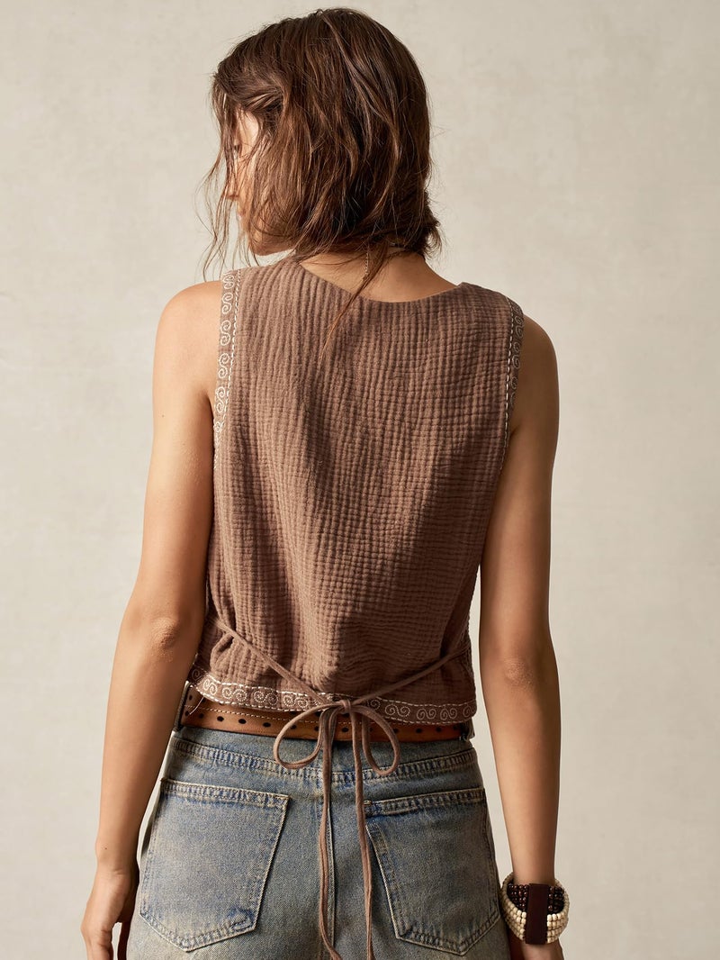 Verdusa Women's Western Outfit Cowgirl Embroidered Vest Tops Button Floral Boho Tank Top Brown Medium - Image 2