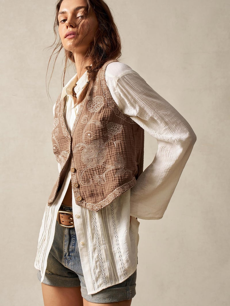 Verdusa Women's Western Outfit Cowgirl Embroidered Vest Tops Button Floral Boho Tank Top Brown Medium - Image 5