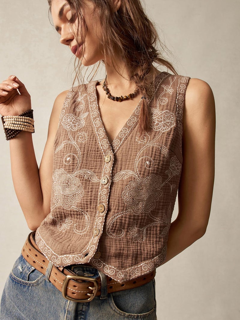Verdusa Women's Western Outfit Cowgirl Embroidered Vest Tops Button Floral Boho Tank Top Brown Medium - Image 4