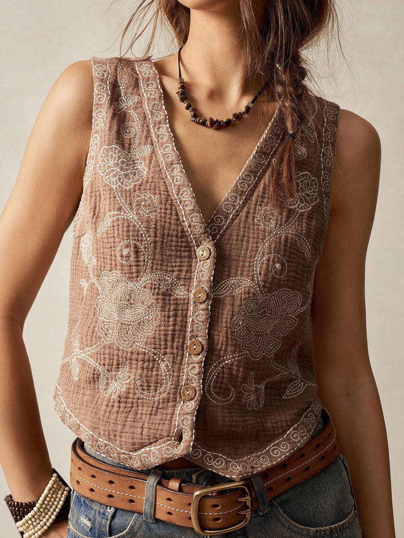 Verdusa Women's Western Outfit Cowgirl Embroidered Vest Tops Button Floral Boho Tank Top Brown Medium - Image 3