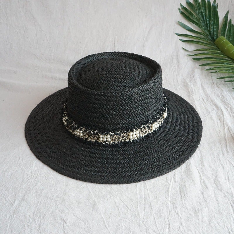 French Summer Men'S And Women'S Handmade Woven Panama Flat Top Top Hat Sunshade Holiday Beach Sun Straw Hat - Image 1