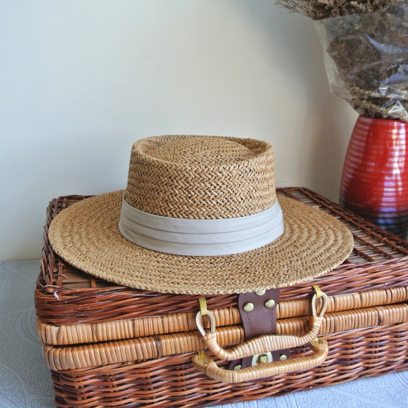 French Summer Men'S And Women'S Handmade Woven Panama Flat Top Top Hat Sunshade Holiday Beach Sun Straw Hat - Image 2