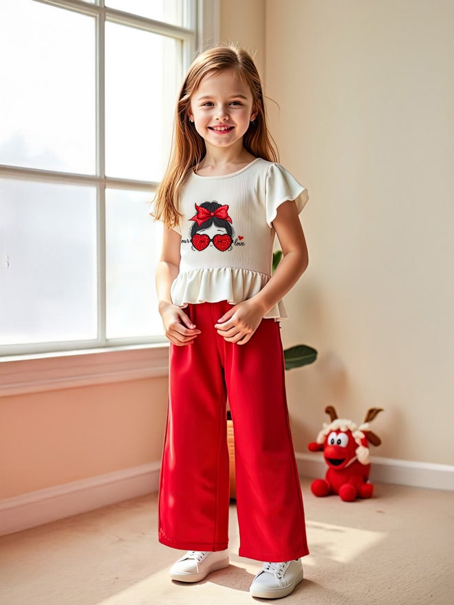 تايك تو طقم ستيلي كيدز قطعتين: تي شيرت بأكمام قصيرة مطبوع وبنطلون واسع أحمر - Image 4