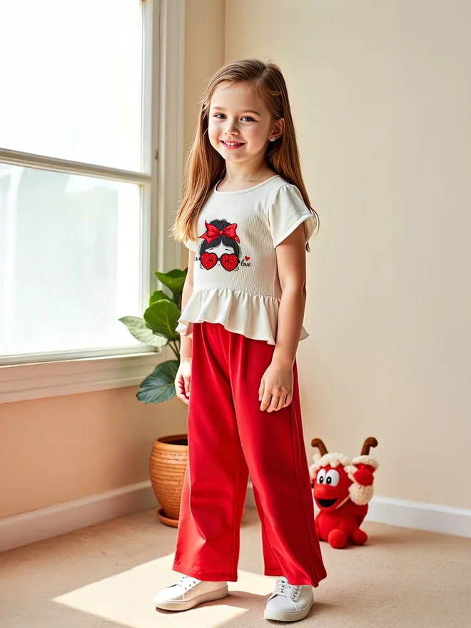 Styli Styli Kids 2pcs Printed Short Sleeve T-Shirt and Red Wide Leg Pants Sets