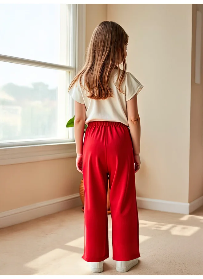 تايك تو Take Two Kids 2pcs Printed Short Sleeve T-Shirt and Red Wide Leg Pants Sets