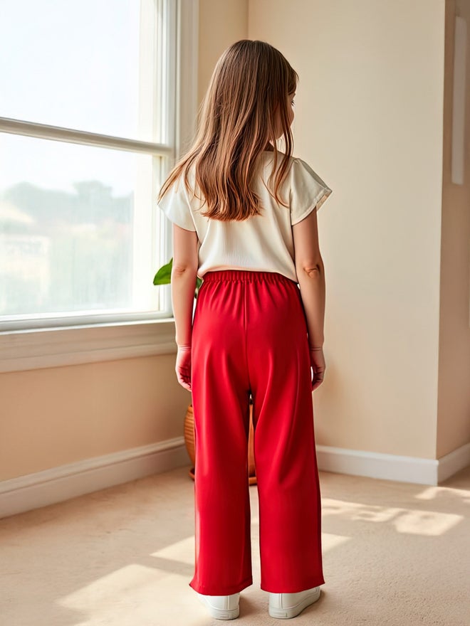 تايك تو طقم ستيلي كيدز قطعتين: تي شيرت بأكمام قصيرة مطبوع وبنطلون واسع أحمر - Image 2