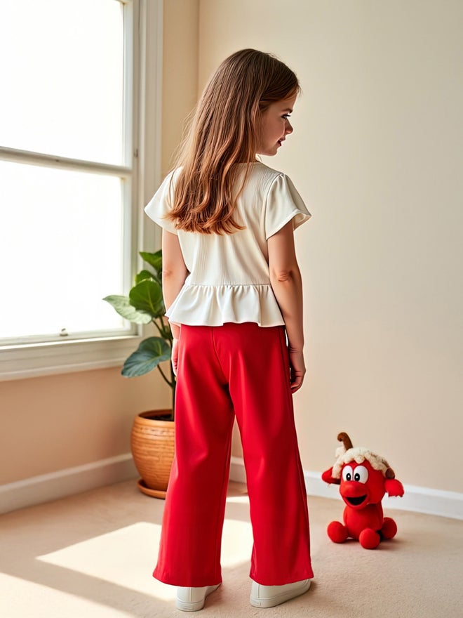 تايك تو طقم ستيلي كيدز قطعتين: تي شيرت بأكمام قصيرة مطبوع وبنطلون واسع أحمر - Image 5