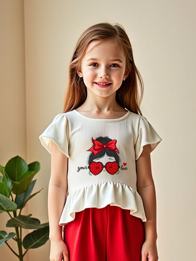 Styli Styli Kids 2pcs Printed Short Sleeve T-Shirt and Red Wide Leg Pants Sets