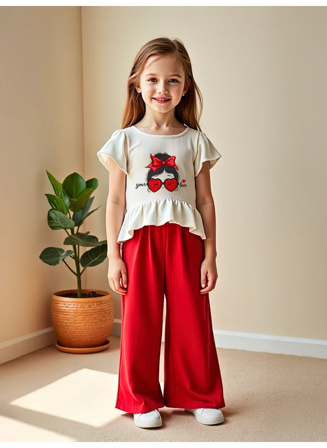 تايك تو Take Two Kids 2pcs Printed Short Sleeve T-Shirt and Red Wide Leg Pants Sets