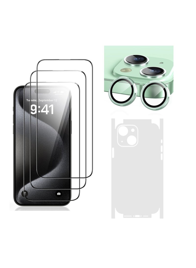 DIGI CORE iPhone 15 Plus Screen Protector 3 Pack 6.7 Inch 2.5D Curved Edges With iPhone 15 Plus Camera Lens Protector And Anti-Scratch iPhone Back PVC Clear Sheet Set (Green, iPhone 15 Plus) - Image 1