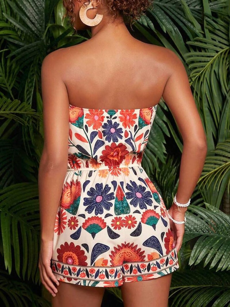 NIFTRIRY Strapless Floral Print Romper for Women Summer Vacation Outfi One Piece Jumpsuits Shorts - Image 2
