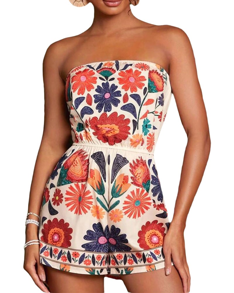 NIFTRIRY Strapless Floral Print Romper for Women Summer Vacation Outfi One Piece Jumpsuits Shorts - Image 1