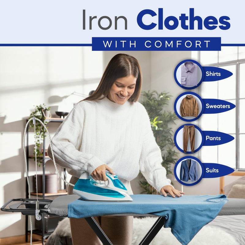 BKTD Extra-Wide Ironing Board â€“ 48"Ã—18" Large Surface (57" w/Iron Rest) â€¢ Built-in Clothes Rack, Hanger & Cord Holder â€¢ Heat-Resistant Cover â€¢ Heavy-Duty, No Wobble â€¢ Adjustable Height â€¢ Black Grey. - Image 3
